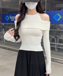フェイクレイヤード オフショルダー 長袖Tシャツ
