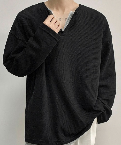 link lot（リンクロット）の「【26年秋冬新作アイテム】フェイクレイヤードワッフルヘンリーネックロングTシャツ（Tシャツ/カットソー・メンズ・ブラック/グレー・M/L）」の5枚目の写真