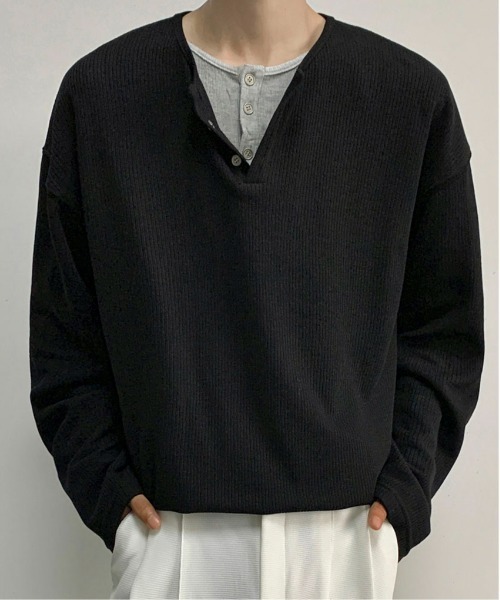link lot（リンクロット）の「【26年秋冬新作アイテム】フェイクレイヤードワッフルヘンリーネックロングTシャツ（Tシャツ/カットソー・メンズ・ブラック/グレー・M/L）」の6枚目の写真