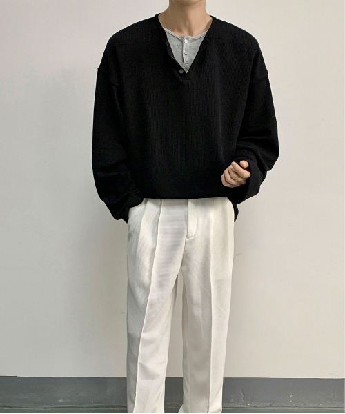 link lot（リンクロット）の「【26年秋冬新作アイテム】フェイクレイヤードワッフルヘンリーネックロングTシャツ（Tシャツ/カットソー・メンズ・ブラック/グレー・M/L）」の7枚目の写真