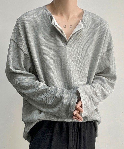 link lot（リンクロット）の「【26年秋冬新作アイテム】フェイクレイヤードワッフルヘンリーネックロングTシャツ（Tシャツ/カットソー・メンズ・ブラック/グレー・M/L）」の8枚目の写真