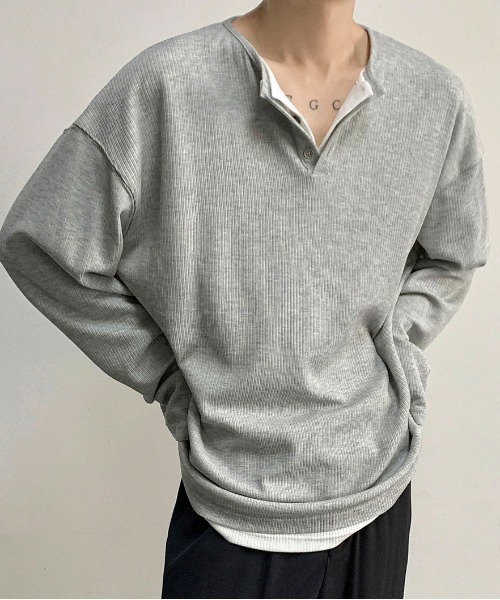 link lot（リンクロット）の「【26年秋冬新作アイテム】フェイクレイヤードワッフルヘンリーネックロングTシャツ（Tシャツ/カットソー・メンズ・ブラック/グレー・M/L）」の9枚目の写真