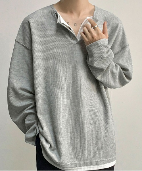 link lot（リンクロット）の「【26年秋冬新作アイテム】フェイクレイヤードワッフルヘンリーネックロングTシャツ（Tシャツ/カットソー・メンズ・ブラック/グレー・M/L）」の11枚目の写真