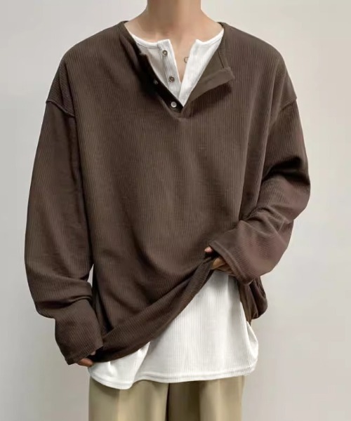 link lot（リンクロット）の「【26年秋冬新作アイテム】フェイクレイヤードワッフルヘンリーネックロングTシャツ（Tシャツ/カットソー・メンズ・ブラック/グレー・M/L）」の19枚目の写真