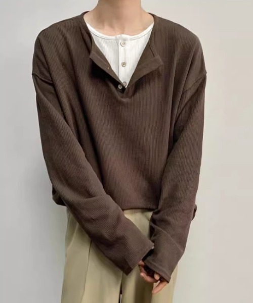 link lot（リンクロット）の「【26年秋冬新作アイテム】フェイクレイヤードワッフルヘンリーネックロングTシャツ（Tシャツ/カットソー・メンズ・ブラック/グレー・M/L）」の18枚目の写真