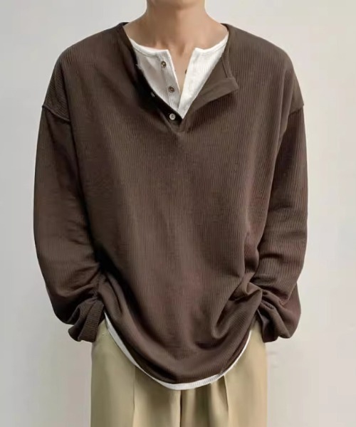 link lot（リンクロット）の「【26年秋冬新作アイテム】フェイクレイヤードワッフルヘンリーネックロングTシャツ（Tシャツ/カットソー・メンズ・ブラック/グレー・M/L）」の21枚目の写真