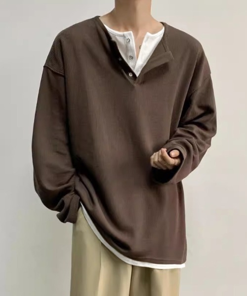 link lot（リンクロット）の「【26年秋冬新作アイテム】フェイクレイヤードワッフルヘンリーネックロングTシャツ（Tシャツ/カットソー・メンズ・ブラック/グレー・M/L）」の20枚目の写真
