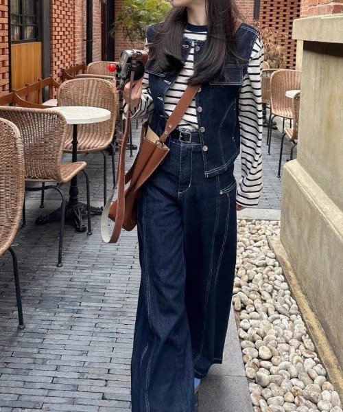 Teem Store（チームストア）の「ノーカラーデニムベスト×ルーズワイドパンツ セットアップ（セットアップ・レディース・ブルー・M）」の6枚目の写真