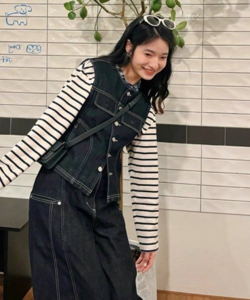 Teem Store（チームストア）の「ノーカラーデニムベスト×ルーズワイドパンツ セットアップ（セットアップ・レディース・ブルー・M）」の8枚目の写真