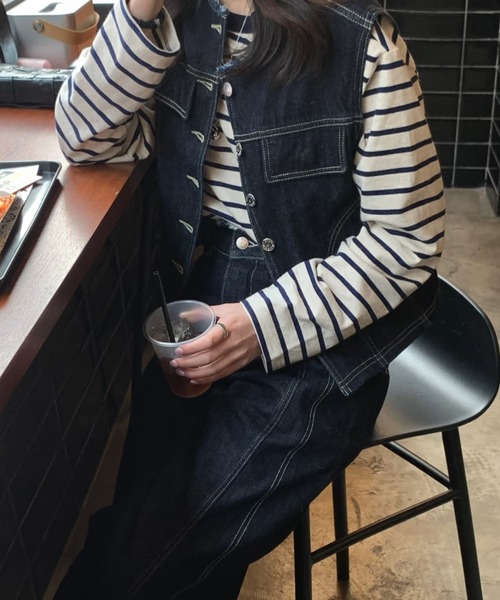 Teem Store（チームストア）の「ノーカラーデニムベスト×ルーズワイドパンツ セットアップ（セットアップ・レディース・ブルー・M）」の14枚目の写真