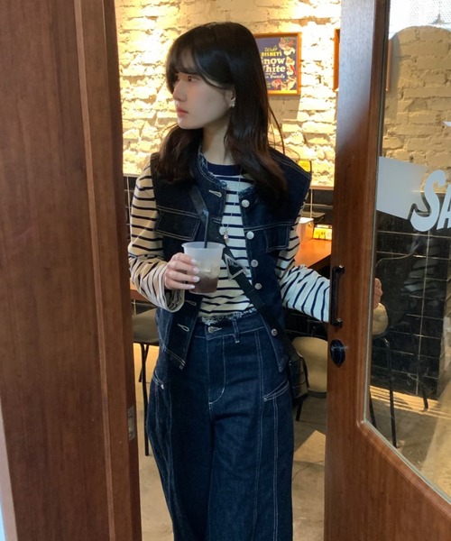 Teem Store（チームストア）の「ノーカラーデニムベスト×ルーズワイドパンツ セットアップ（セットアップ・レディース・ブルー・M）」の15枚目の写真
