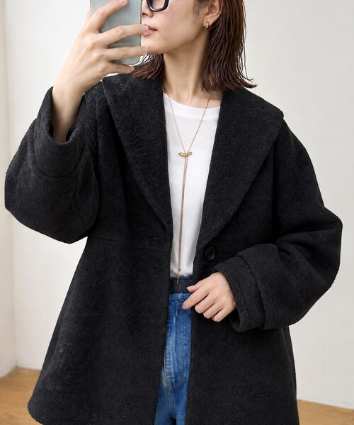 MONO-MART（モノマート）の「上品ペプラム｜ブークレ風 ショールカラー ウエストシェイプ ミドルコート（その他アウター・レディース・杢グレー/ブラウン/アイボリー/ブラック・M/L）」の7枚目の写真