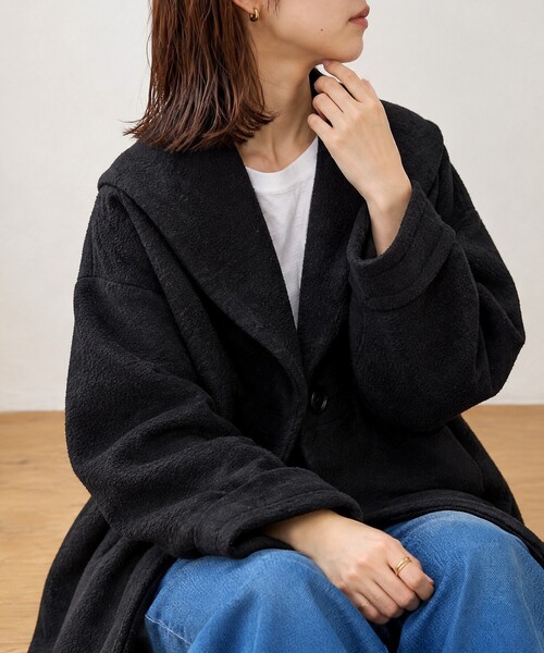 MONO-MART（モノマート）の「上品ペプラム｜ブークレ風 ショールカラー ウエストシェイプ ミドルコート（その他アウター・レディース・杢グレー/ブラウン/アイボリー/ブラック・M/L）」の9枚目の写真