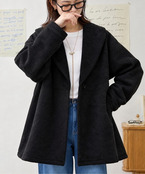 MONO-MART（モノマート）の「上品ペプラム｜ブークレ風 ショールカラー ウエストシェイプ ミドルコート（その他アウター・レディース・杢グレー/ブラウン/アイボリー/ブラック・M/L）」の5枚目の写真