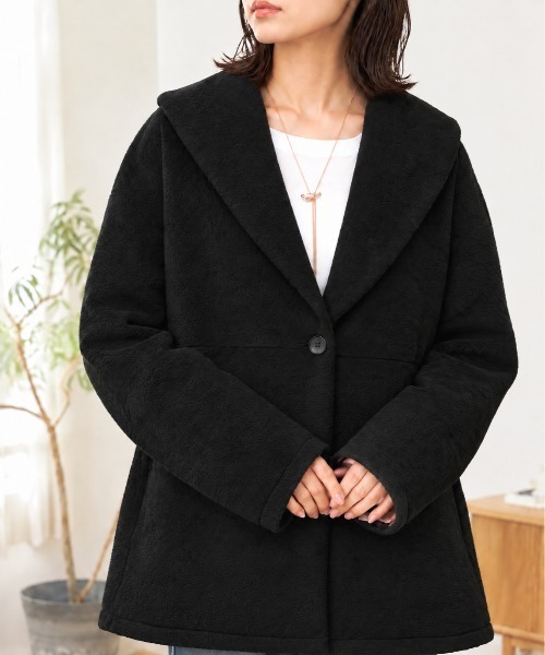 MONO-MART（モノマート）の「上品ペプラム｜ブークレ風 ショールカラー ウエストシェイプ ミドルコート（その他アウター・レディース・杢グレー/ブラウン/アイボリー/ブラック・M/L）」の20枚目の写真