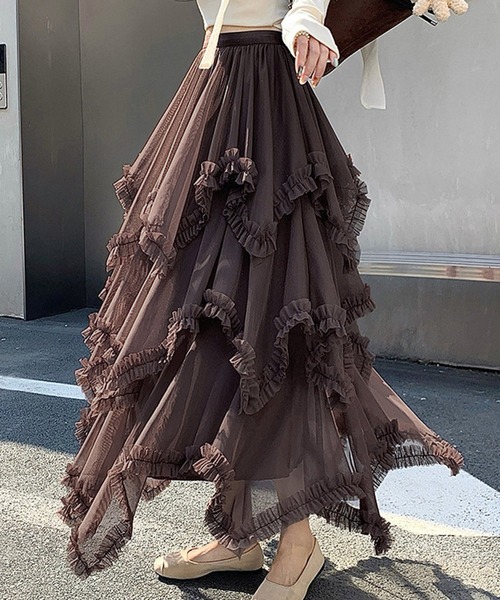 DAY CLOSET(デイ クローゼット)の「【ロング丈/裏地付き】レイヤード風ボリュームランダムヘムチュールスカート レディース(スカート・レディース・ブラック/ダークブラウン/ホワイト・FREE)」の3枚目の写真