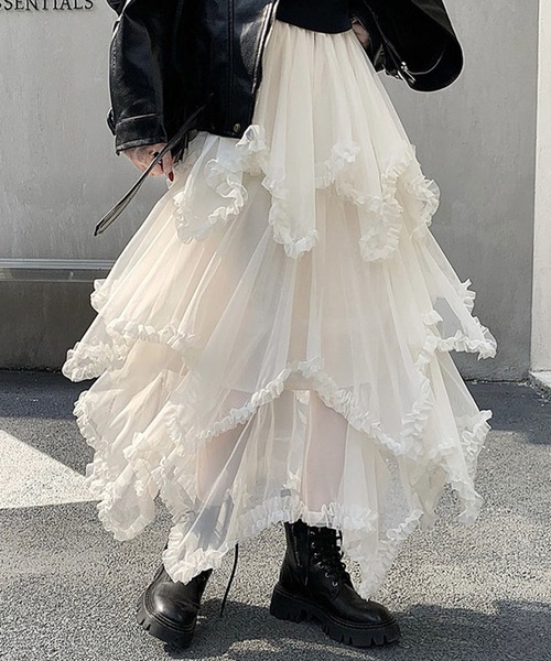 DAY CLOSET(デイ クローゼット)の「【ロング丈/裏地付き】レイヤード風ボリュームランダムヘムチュールスカート レディース(スカート・レディース・ブラック/ダークブラウン/ホワイト・FREE)」の2枚目の写真