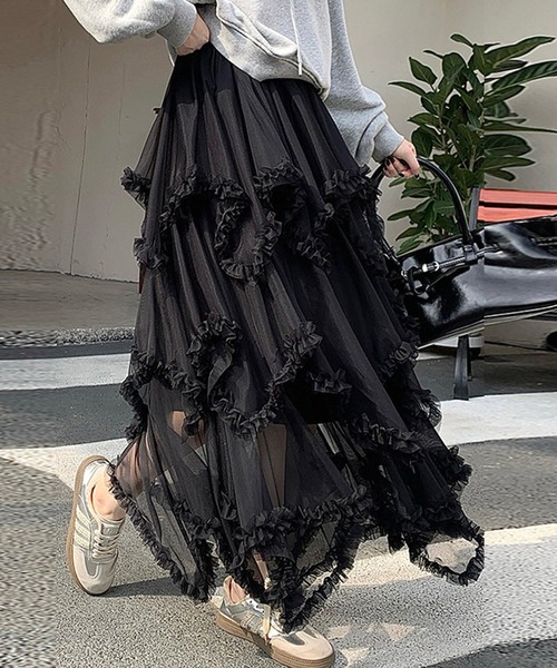 DAY CLOSET(デイ クローゼット)の「【ロング丈/裏地付き】レイヤード風ボリュームランダムヘムチュールスカート レディース(スカート・レディース・ブラック/ダークブラウン/ホワイト・FREE)」の1枚目の写真