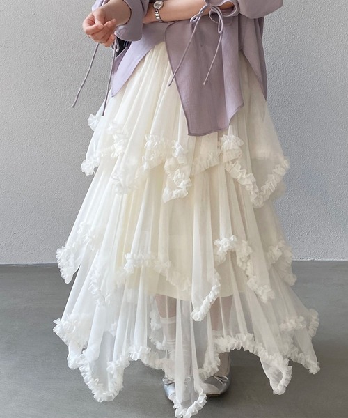 DAY CLOSET(デイ クローゼット)の「【ロング丈/裏地付き】レイヤード風ボリュームランダムヘムチュールスカート レディース(スカート・レディース・ブラック/ダークブラウン/ホワイト・FREE)」の19枚目の写真