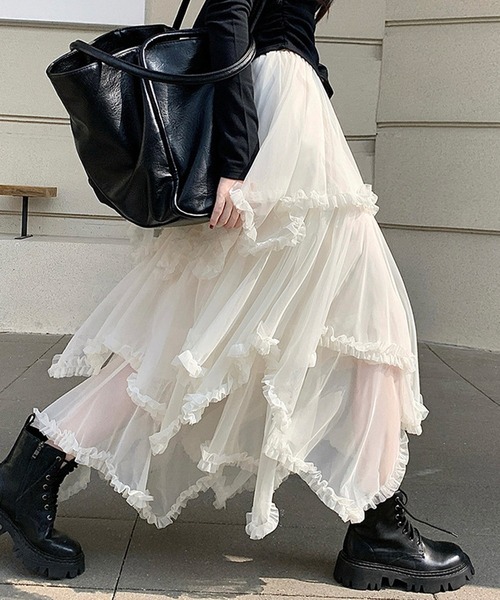DAY CLOSET(デイ クローゼット)の「【ロング丈/裏地付き】レイヤード風ボリュームランダムヘムチュールスカート レディース(スカート・レディース・ブラック/ダークブラウン/ホワイト・FREE)」の20枚目の写真