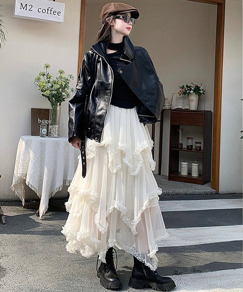 DAY CLOSET(デイ クローゼット)の「【ロング丈/裏地付き】レイヤード風ボリュームランダムヘムチュールスカート レディース(スカート・レディース・ブラック/ダークブラウン/ホワイト・FREE)」の21枚目の写真