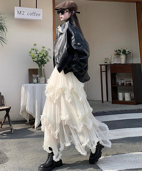 DAY CLOSET(デイ クローゼット)の「【ロング丈/裏地付き】レイヤード風ボリュームランダムヘムチュールスカート レディース(スカート・レディース・ブラック/ダークブラウン/ホワイト・FREE)」の22枚目の写真