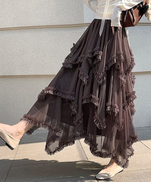 DAY CLOSET(デイ クローゼット)の「【ロング丈/裏地付き】レイヤード風ボリュームランダムヘムチュールスカート レディース(スカート・レディース・ブラック/ダークブラウン/ホワイト・FREE)」の8枚目の写真