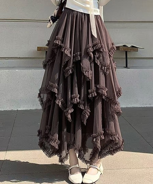 DAY CLOSET(デイ クローゼット)の「【ロング丈/裏地付き】レイヤード風ボリュームランダムヘムチュールスカート レディース(スカート・レディース・ブラック/ダークブラウン/ホワイト・FREE)」の9枚目の写真