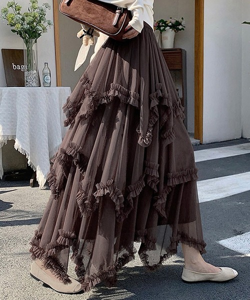 DAY CLOSET(デイ クローゼット)の「【ロング丈/裏地付き】レイヤード風ボリュームランダムヘムチュールスカート レディース(スカート・レディース・ブラック/ダークブラウン/ホワイト・FREE)」の10枚目の写真