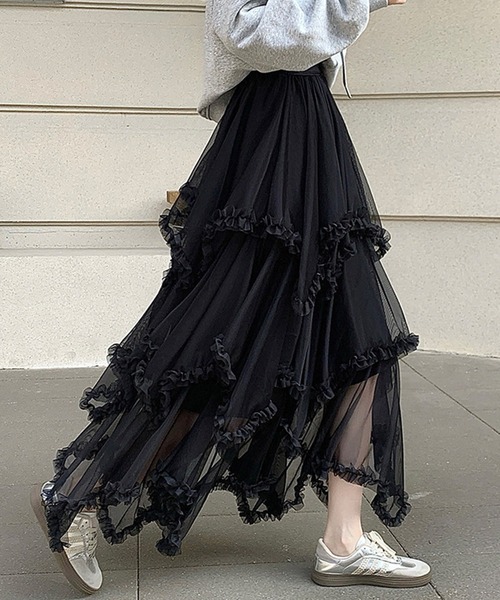 DAY CLOSET(デイ クローゼット)の「【ロング丈/裏地付き】レイヤード風ボリュームランダムヘムチュールスカート レディース(スカート・レディース・ブラック/ダークブラウン/ホワイト・FREE)」の14枚目の写真