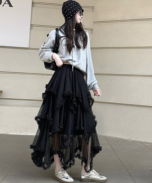 DAY CLOSET(デイ クローゼット)の「【ロング丈/裏地付き】レイヤード風ボリュームランダムヘムチュールスカート レディース(スカート・レディース・ブラック/ダークブラウン/ホワイト・FREE)」の16枚目の写真