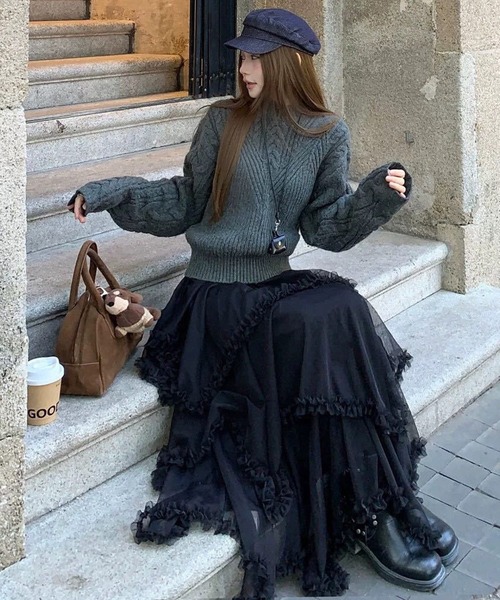 DAY CLOSET(デイ クローゼット)の「【ロング丈/裏地付き】レイヤード風ボリュームランダムヘムチュールスカート レディース(スカート・レディース・ブラック/ダークブラウン/ホワイト・FREE)」の17枚目の写真