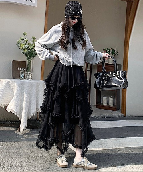 DAY CLOSET(デイ クローゼット)の「【ロング丈/裏地付き】レイヤード風ボリュームランダムヘムチュールスカート レディース(スカート・レディース・ブラック/ダークブラウン/ホワイト・FREE)」の18枚目の写真