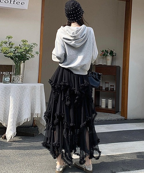 DAY CLOSET(デイ クローゼット)の「【ロング丈/裏地付き】レイヤード風ボリュームランダムヘムチュールスカート レディース(スカート・レディース・ブラック/ダークブラウン/ホワイト・FREE)」の7枚目の写真