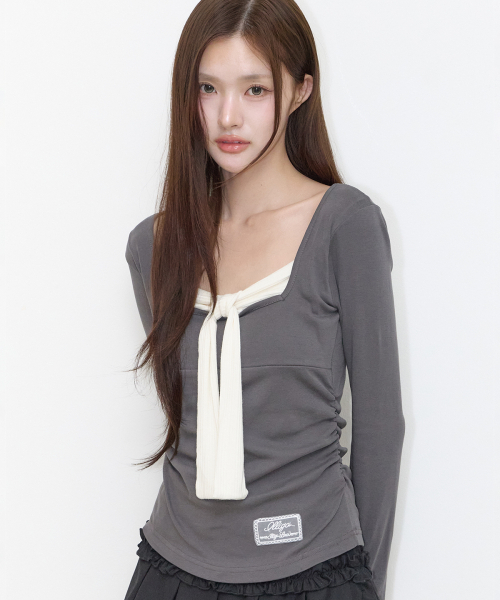 ILLIGO(イリゴ)の「レイヤードリボンタイロングスリーブチャコール(Tシャツ/カットソー・レディース・その他・OS)」の1枚目の写真
