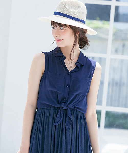 Color（カラー）の「フロントリボンノースリシャツ（シャツ/ブラウス・レディース・イエロー/ホワイト/ネイビー/ピンク/サックスブルー・MEDIUM）」の3枚目の写真