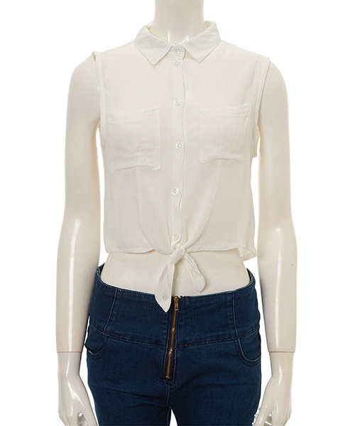 Color（カラー）の「フロントリボンノースリシャツ（シャツ/ブラウス・レディース・イエロー/ホワイト/ネイビー/ピンク/サックスブルー・MEDIUM）」の2枚目の写真