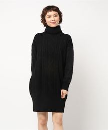 見た目にも柔らかそうな毛羽感で女子度UP！フェザースリーブ☆タートルネックケーブルニットワンピース/レディースセーター/長袖[E1601]神戸レタス
