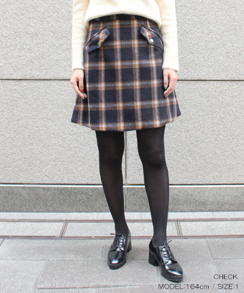 RANDA（ランダ）の「釦ポケット台形スカート（スカート・レディース・ブラウン/オレンジ/チェック・0/1）」の3枚目の写真