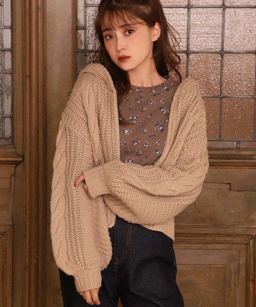 one after another NICE CLAUP（ワンアフターアナザーナイスクラップ）の「ケーブルニットパーカー（カーディガン/ボレロ・レディース・オフホワイト/モカ/ベージュ・FREE）」の3枚目の写真