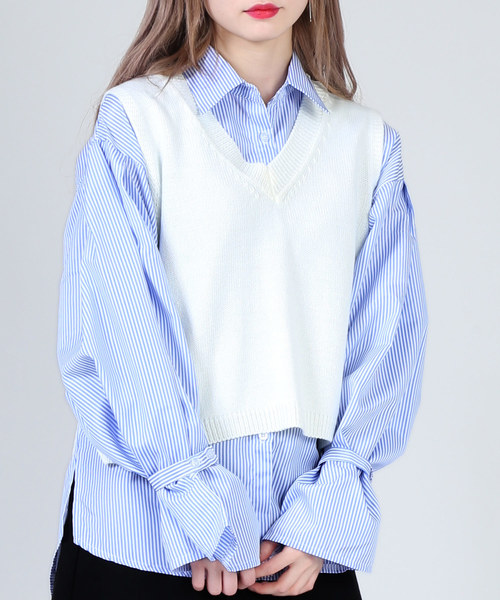 DING(ディング)の「DING/ショートニットベスト(ベスト・レディース・ブルー/オレンジ/ホワイト/ブラック・FREE)」の2枚目の写真