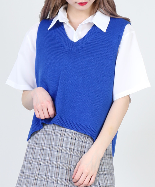 DING(ディング)の「DING/ショートニットベスト(ベスト・レディース・ブルー/オレンジ/ホワイト/ブラック・FREE)」の4枚目の写真