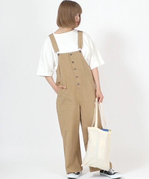 Dickies（ディッキーズ）の「Dickies◆フロントボタン綿麻リネンオーバーオール（サロペット/オーバーオール・レディース・ブラック/カーキ/アイボリー/キャメル・M/L）」の4枚目の写真