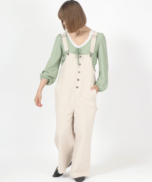 Dickies（ディッキーズ）の「Dickies◆フロントボタン綿麻リネンオーバーオール（サロペット/オーバーオール・レディース・ブラック/カーキ/アイボリー/キャメル・M/L）」の2枚目の写真