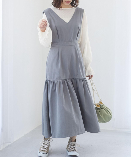 Sugar spoon（シュガースプーン）の「・SUGAR SPOON Vネックティアードジャンスカ＊（ワンピース・レディース・ベージュ/ブラック/グリーン・FREE）」の3枚目の写真