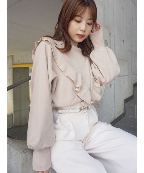 MERCURYDUO（マーキュリーデュオ）の「ハイネックボリュームラッフルニット（ニット/セーター・レディース・ブラウン/ベージュ/オフホワイト・FREE）」の13枚目の写真