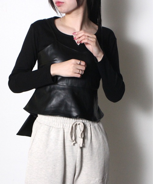 one way（ワンウェイ）の「【oneway Jeans】レザーペプラムリボンブラウス（その他トップス・レディース・ベージュ/ブラック/ライトブラウン/ダークグリーン・FREE）」の2枚目の写真