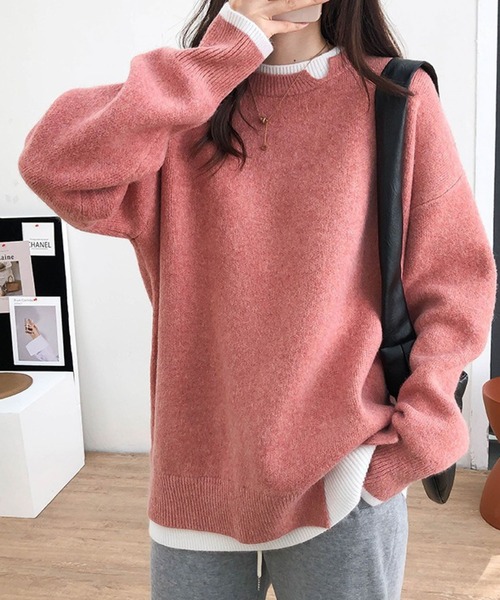 meJane（ミージェーン）の「レイヤード風モヘアライクニットプルオーバー（ニット/セーター・レディース・ブラック/グレー/ピンク/ダークベージュ・FREE）」の4枚目の写真