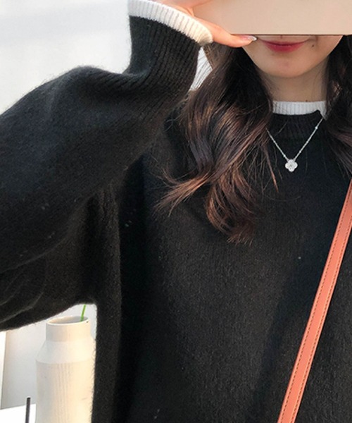 meJane（ミージェーン）の「レイヤード風モヘアライクニットプルオーバー（ニット/セーター・レディース・ブラック/グレー/ピンク/ダークベージュ・FREE）」の8枚目の写真