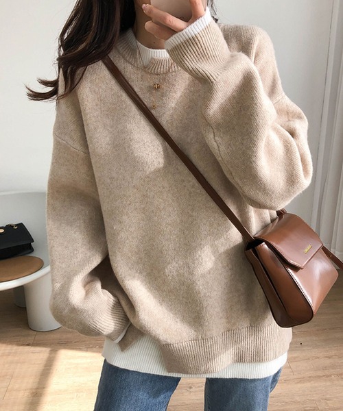 meJane（ミージェーン）の「レイヤード風モヘアライクニットプルオーバー（ニット/セーター・レディース・ブラック/グレー/ピンク/ダークベージュ・FREE）」の7枚目の写真